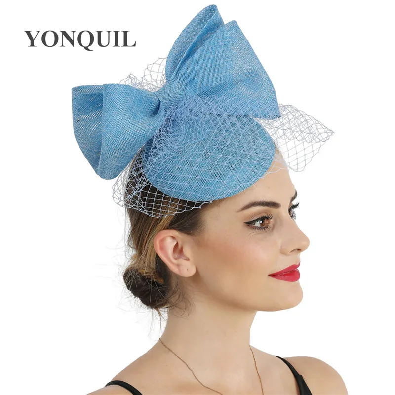 Light Blue Bow Wedding Hat Women Chic Fascinator Hairpin Bride Elegant Headpiece Hair Clip Mesh Hair Accessory Ladies Millinery