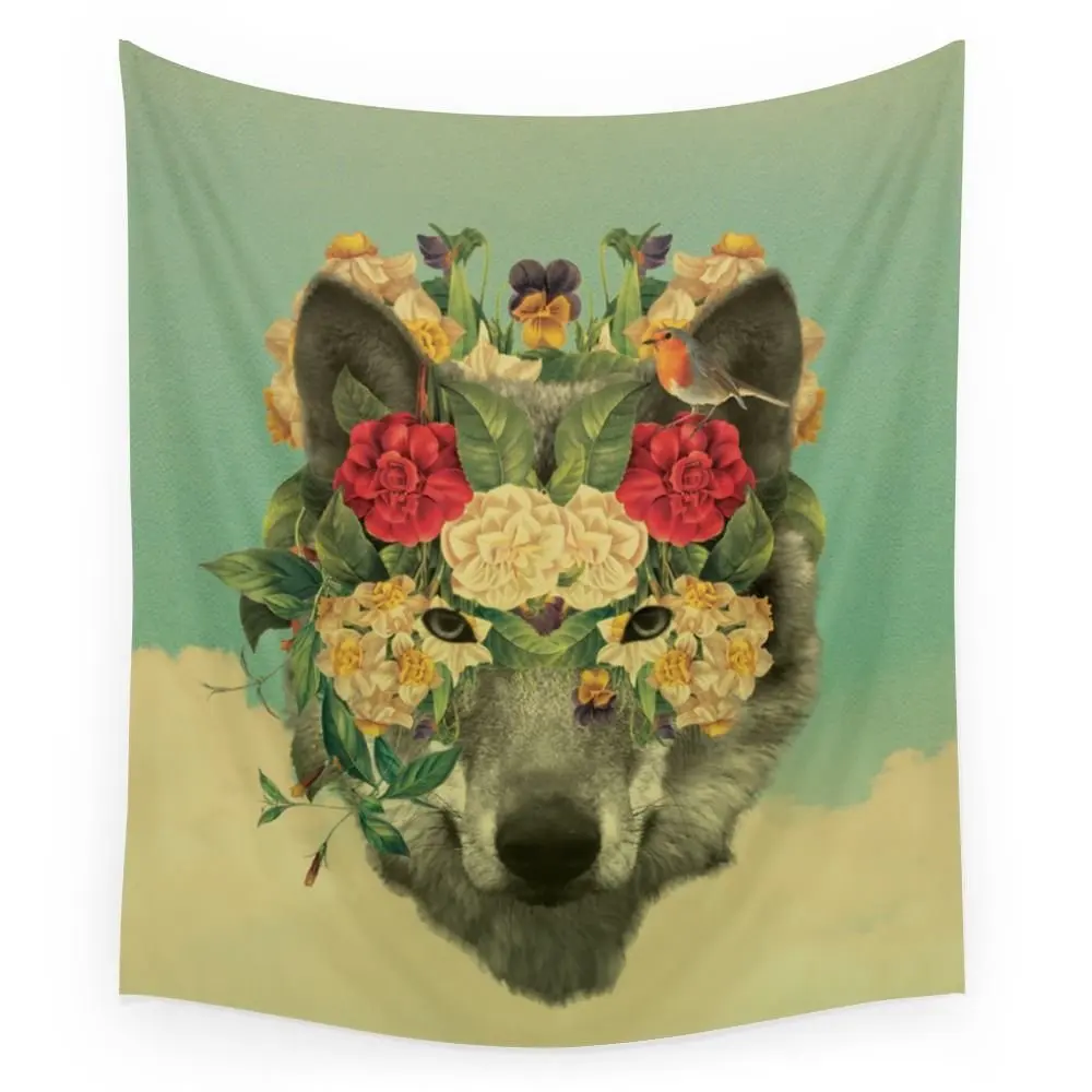 Lonely Wolf Flower Printed Tapestry Wall Hanging Coverlet Bedding Sheet Throw Bedspread Living Room Tapestries Dorm Decor