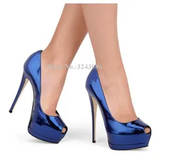 Delle Donne di modo Peep Toe Pompe Della Piattaforma Scarpe Sexy Oro Blu Nero Argento A Spillo Tacco Pattini di Vestito Della Signora di Grandi Dimensioni Singolo scarpe