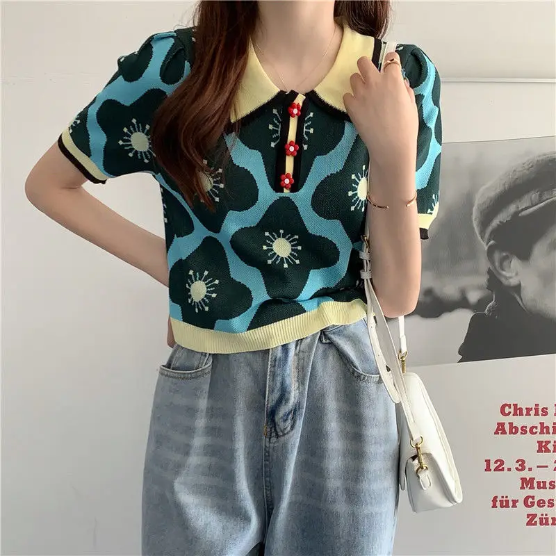 T-shirts Women Summer Vintage Panelled Floral Lovely Knitted Ladies Fashion Puff Sleeve Baggy Crop Tops Cute Flower Buttons Cozy