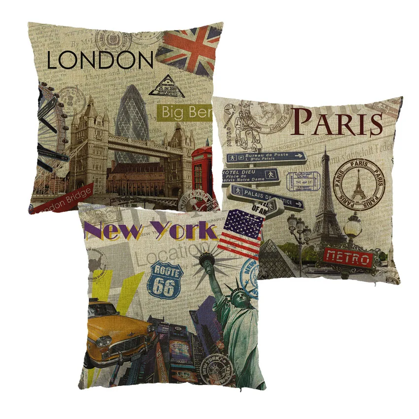 City style  london /paris/NEW YORK printed cushion cover linen throw pillow case cushion Covers for home sofa Pillowcase 45x45cm