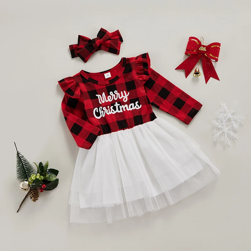 Blotona Kids Christmas Dress, Plaid Round Neck Long Sleeve A-line Dresses with Headband Casual Wear for Girls, 6Months-5Years