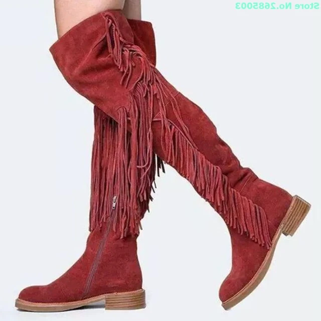 Women s Vintage Tassel Thigh High Boots Round Toe Solid Low Heel Zipper Women Sexy Autume Winter Party Dress Boots Shoes Women s Boots AliExpress