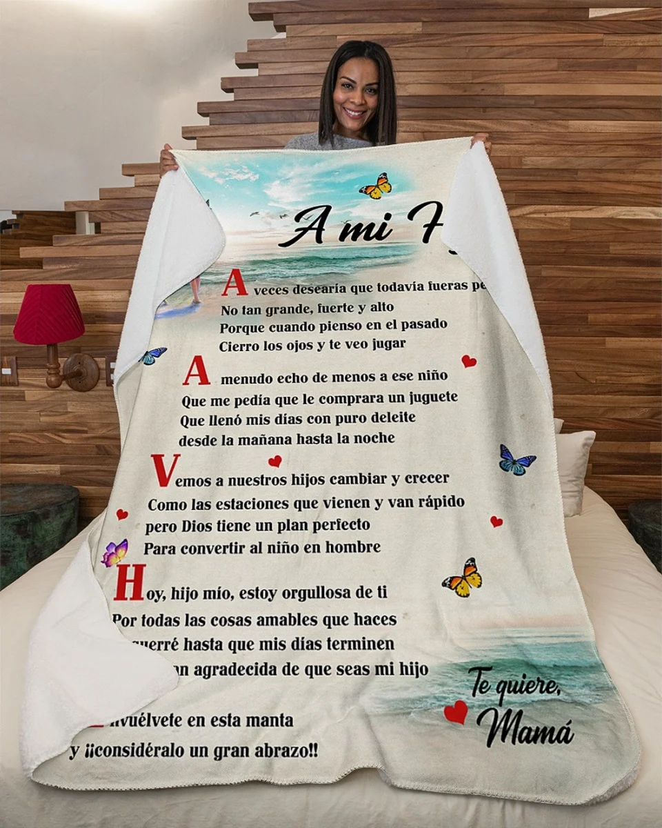 MI HIJO GRAN ABRAZO TE QUIERE MAMA| Comfortable and high-quality fleece Sherpa woven blanket