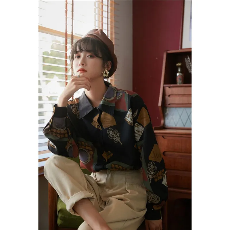 New Fashion Women Loose Chiffon Long Shirt Sleeve Vintage Print Women\'S Elegant Blouses Female Casual Tops Blusas Mujer Tunics