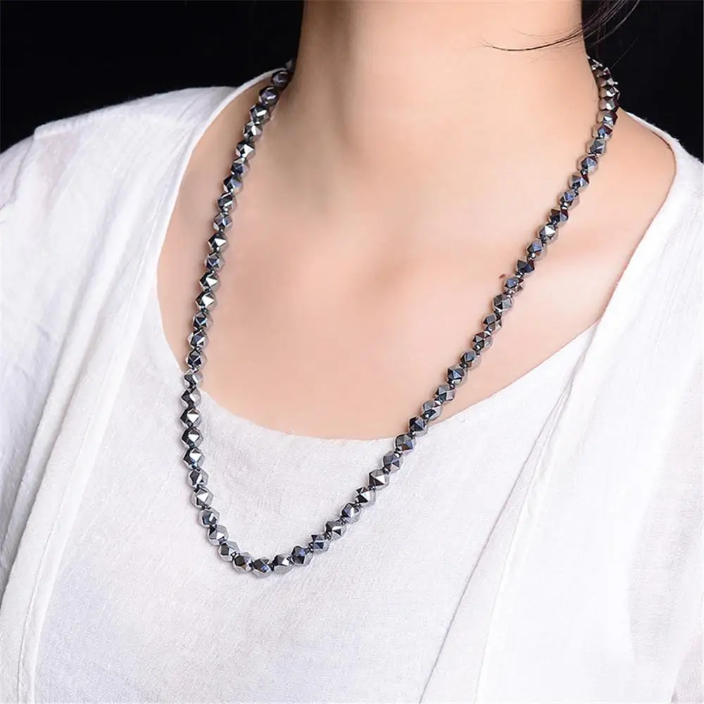 8mm Genuine Natural Terahertz Necklace For Women Lady Man Cut Beads Power Energy Stretch Jewelry AAAAALong Chain 40cm 50cm 60mm