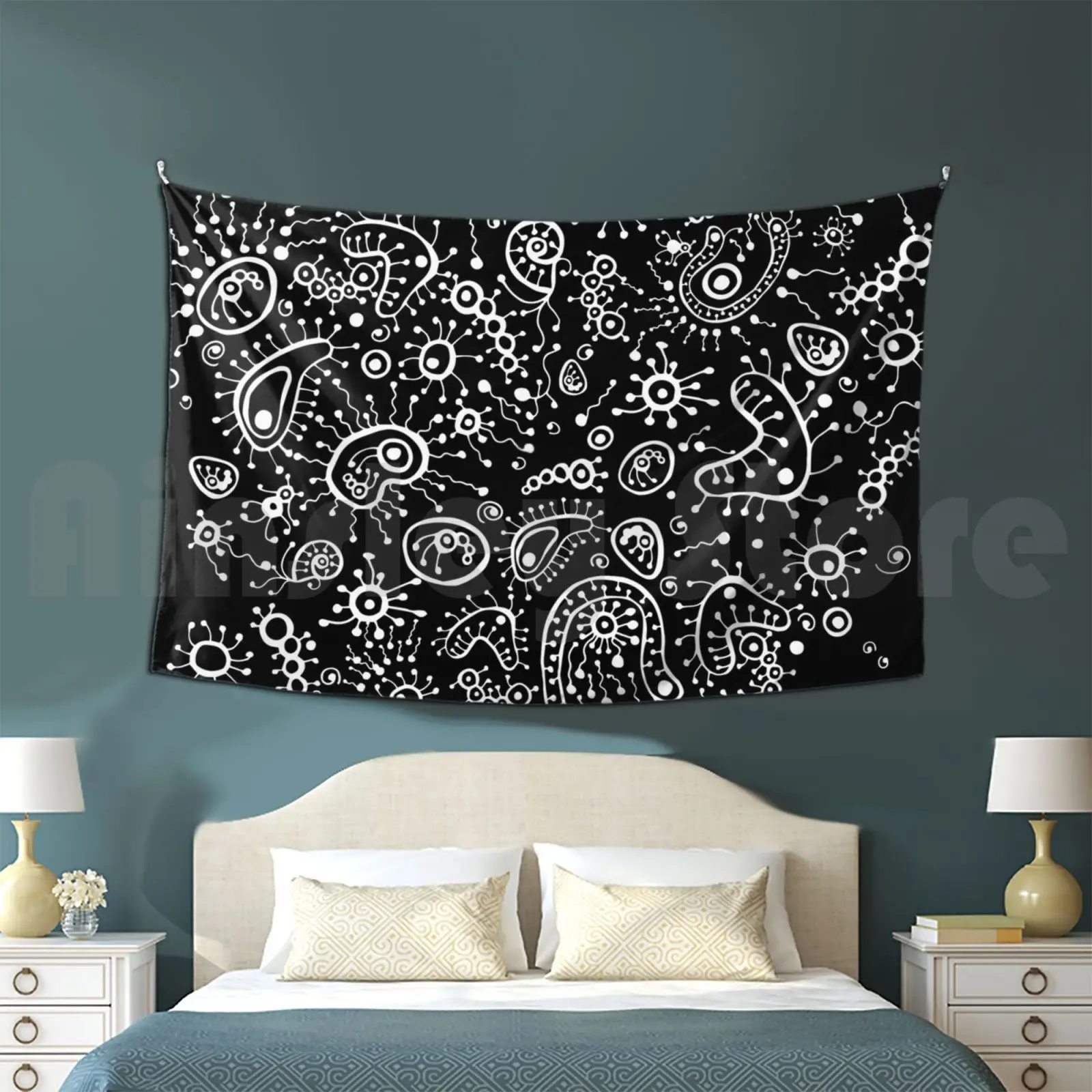 Tapestry Doodle Illustration Microscope. Microbes Under A Microscope. Hand Drawn Microscope And Microbes. Hat