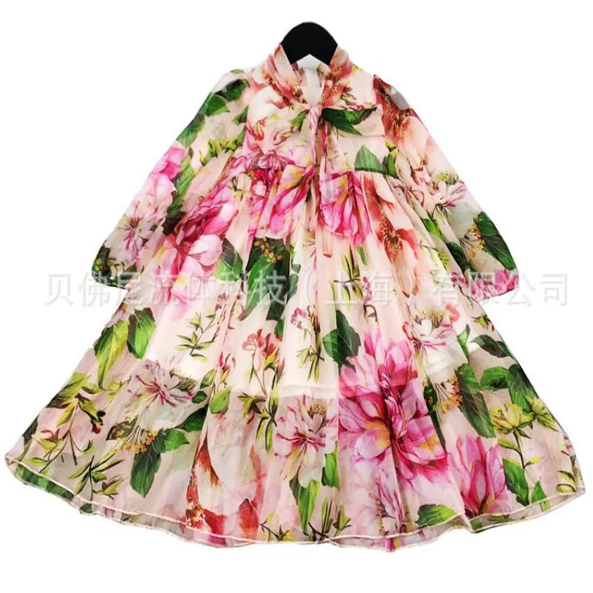 

New arrival spring baby girl flower printed dress kids children bow casual beach princess dress