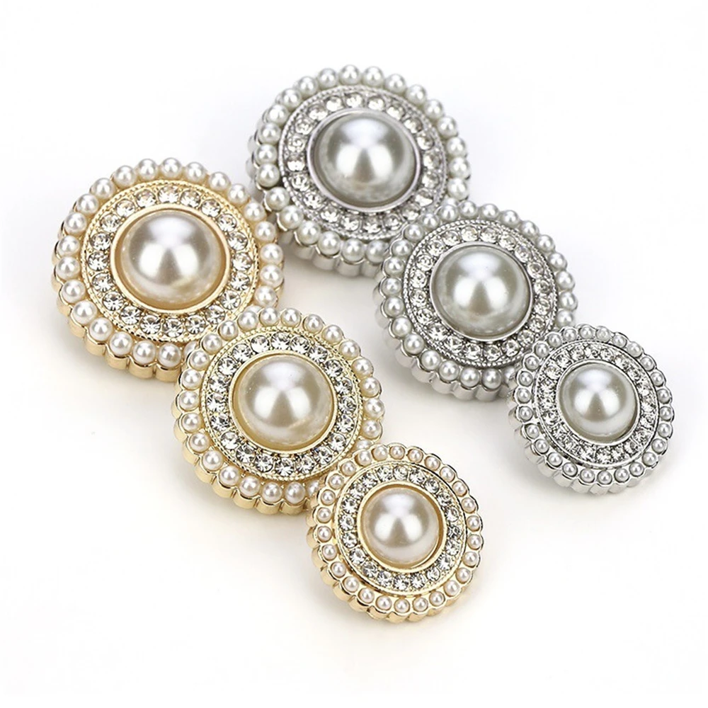 10pcs/lot Super Beautiful Diamond Pearl Buttons for Sewing Clothing Decoration Accessories Gold Silver Rhinestone Shirt Buttons