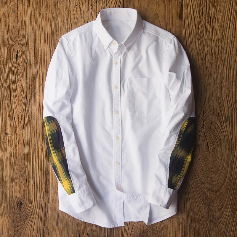 190907 Chic Patch Oxford Shirt Business Casual Gentleman Office Daily Long Sleeve Lapel Trendy Japan Style Men Blouse Tops New