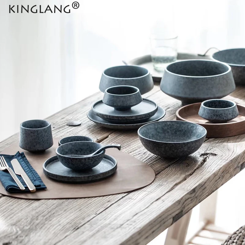 KINGLANG Ceramic Dinner Plate Set Looks Like Stone Grey 1/2/4 Person Tableware Set Plates