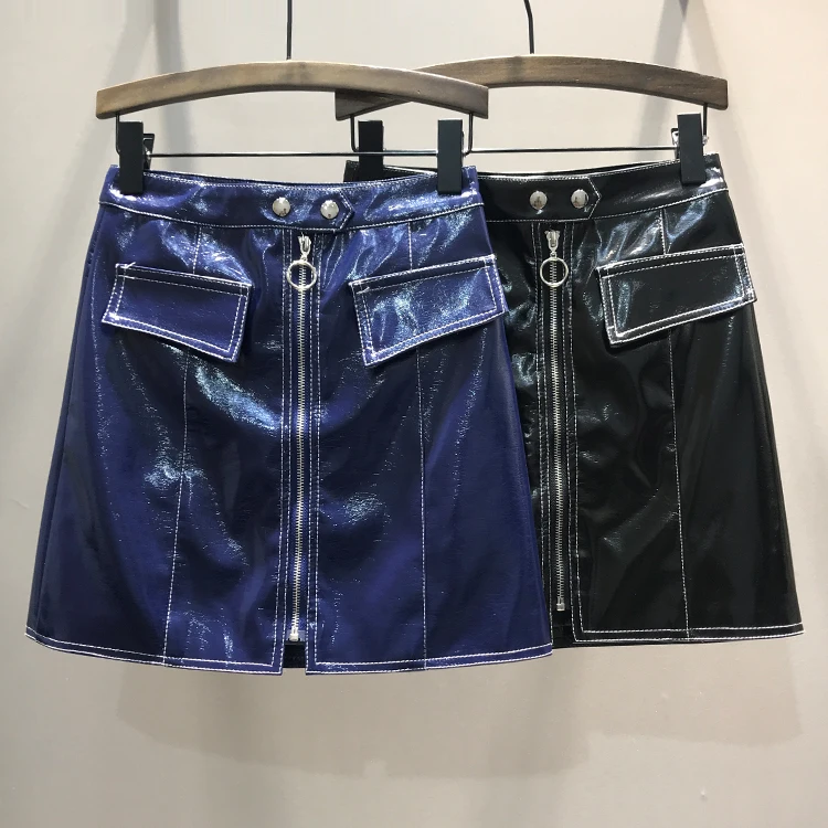 

2023 high Street Bright Leather Skirt Skirt Zipper Pocket A Word Skirt Women Harajuku Pockets Glossy Pu Mini Skirts