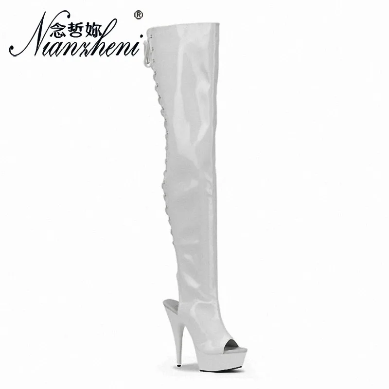 6Inch thin high heel Plus Size 12 Exotic Over The Knee Boots 15cm platform open toe women Lace Up stripper heels boots leather