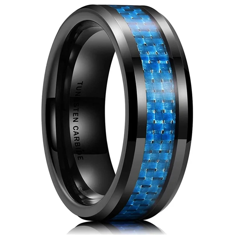 8mm Men Rings Blue Carbon Tungsten Carbide Stainless Steel Ring Wedding Engagement Bands For Men Birthday Gift Jewelry