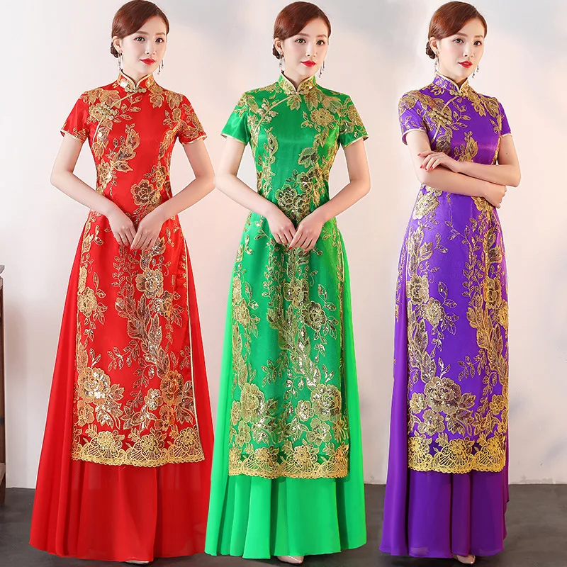 

Exquisite Sequins Embroidery Vietnam Style Elegant Oriental Short Sleeve Cheongsam Chinese Mandarin Collar Aodai Qipao Dress