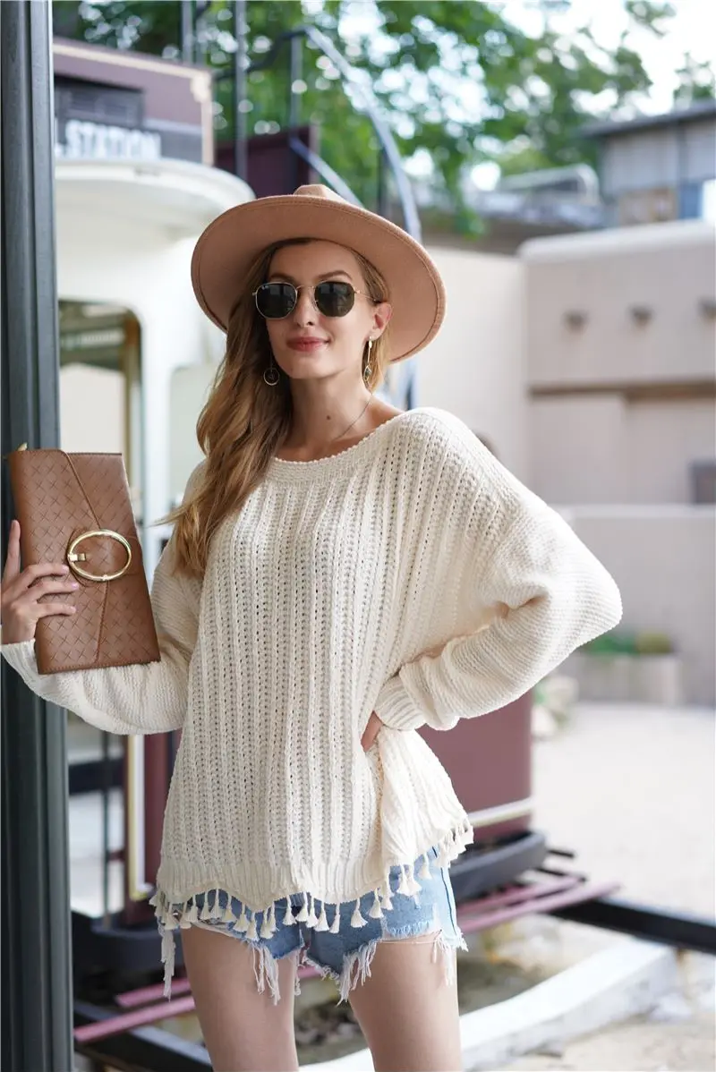Pull Femme 2020 Autumn Winter Women Tassel Knitted Sweater V Neck Irregular Hem Casual Loose Pullover Jumper