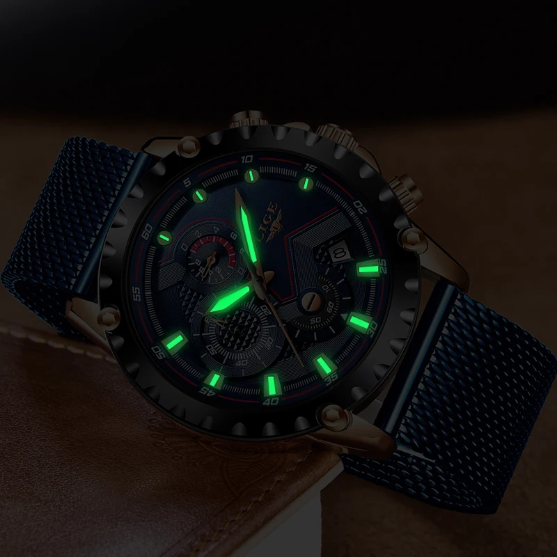 2023 New LIGE Blue Casual Mesh Belt Fashion Quartz Wristwatches Mens Watches Top Brand Luxury Waterproof Clock Relogio Masculino