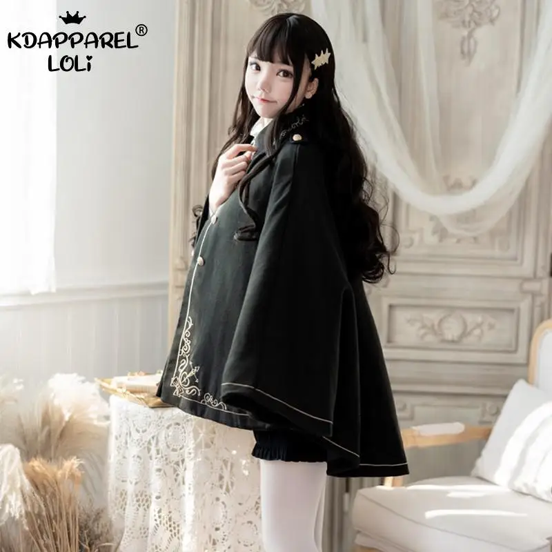 Women Winter Woolen Cloak Black Cape Preppy Style Golden Embroidery Princess Gothic Magic School Students Teens Coat Autumn New