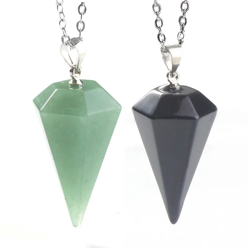 KFT Natural Stone Hexagon Pyramid Pendant Healing Crystal Quartz Agates Stone Pendants Necklace Link Chain Jewelry For Women Men