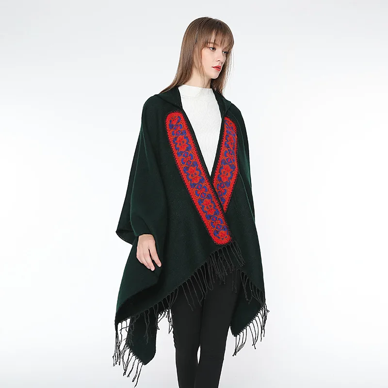 

All-Match cloak scarf women Embroidery tassel hooded Cardigan Tassel Thick Loose Oversize Winter Popular Women Knitted Poncho