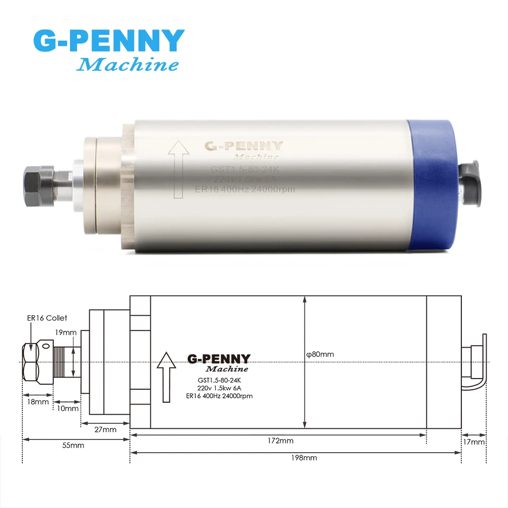 G-Penny 1.5kw ER16 Air Cooled Spindle Motor Kit 80X200mm 4pcs Bearings 0.01mm & 220v 1.5kw H100 VFD & 80mm Spindle Holder