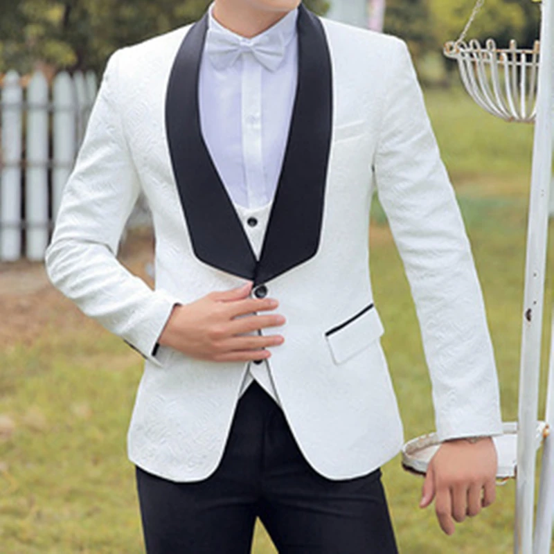 2021 Tailor Made Luxury Noble High Quality New White With Black Pants Vest Suits Men For Wedding Man Suit Slim Fit Party Blazer