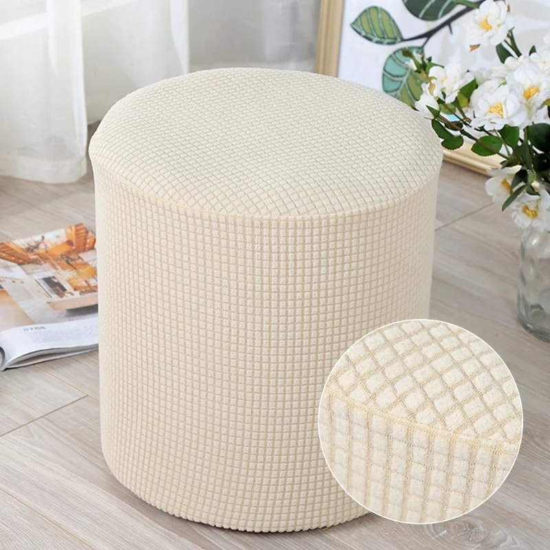 Modern Round Ottoman Slipcover Textured Jacquard Solid Footstool Footrest Protector Covers Elastic Bottom