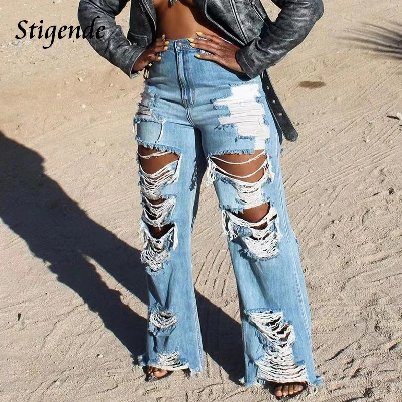 Stigende Women XXXL Denim Pants Wide Leg Ripped Jeans Streetwear Sexy Hollow Out Patchwork Shredded Jeans Fashion Trousers