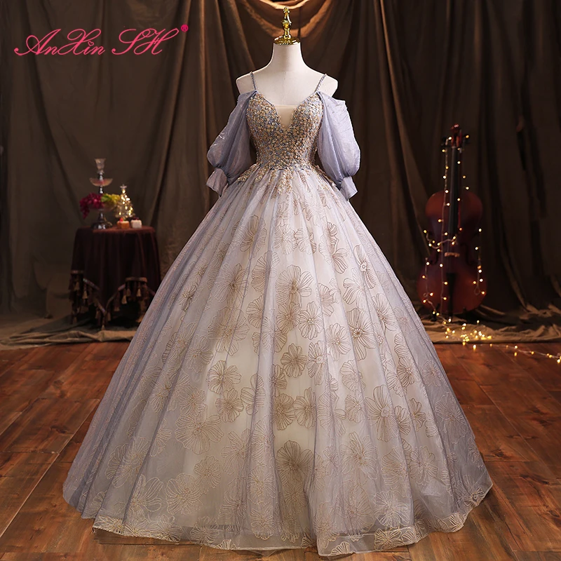 AnXin SH vintage grey blue lace flower spaghetti strap sparkly beading crystal ball gown princess customized evening dress