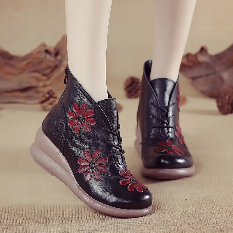 Xiuteng New Round Toe 100% Genuine Leather Wedge Heel Ankle Boots For Women Winter Warm Shoes Women Platform Boots With Flower