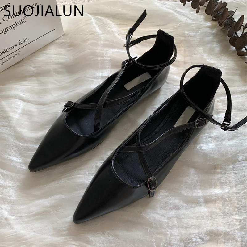 SUOJIALUN 2022 Spring Women Shallow Women Flats Shoes Pointed Toe Soft Leather Flat Ballerinas Ladies Elegant Dress Balltes