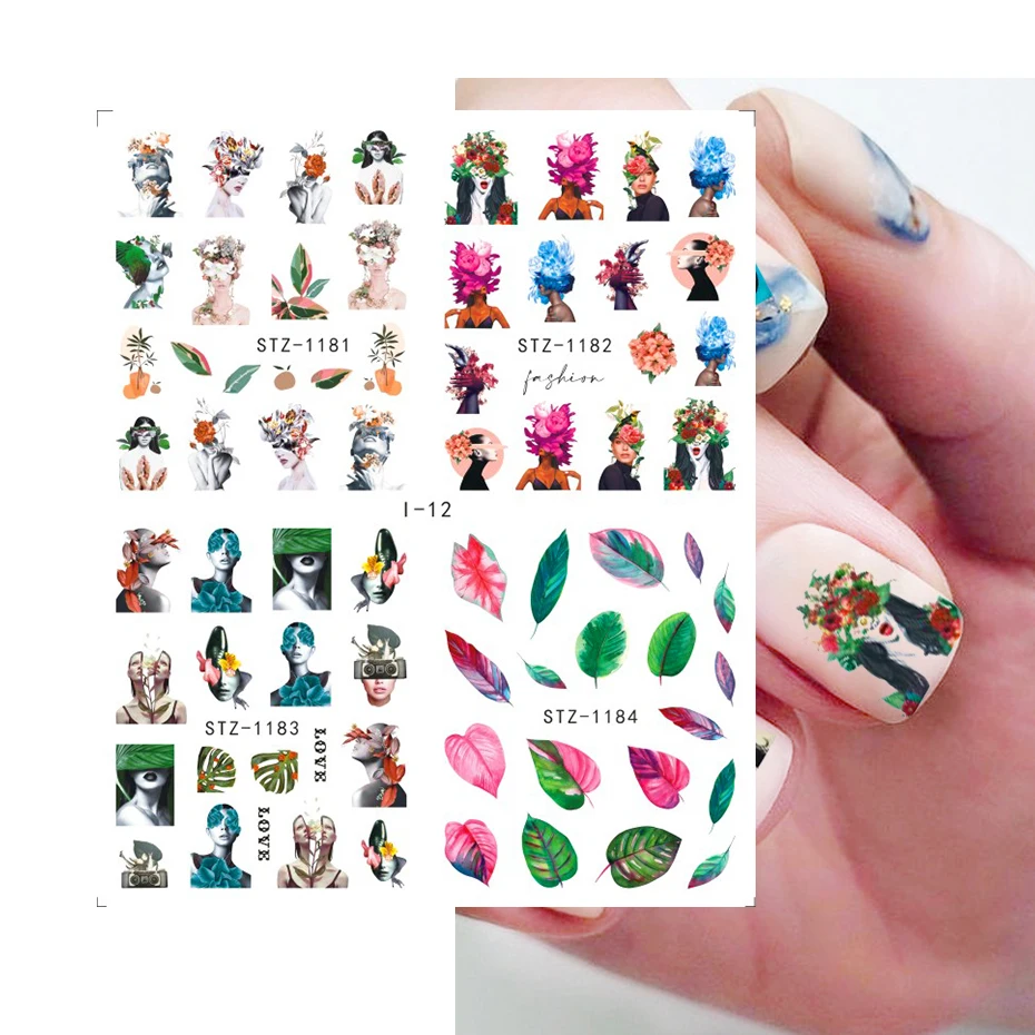 Summer Leaves Nails Water Stickers Abstract Face Tropical Foliage Sliders Nail Charms Colorful Floral Decoration Decals NLI01-19