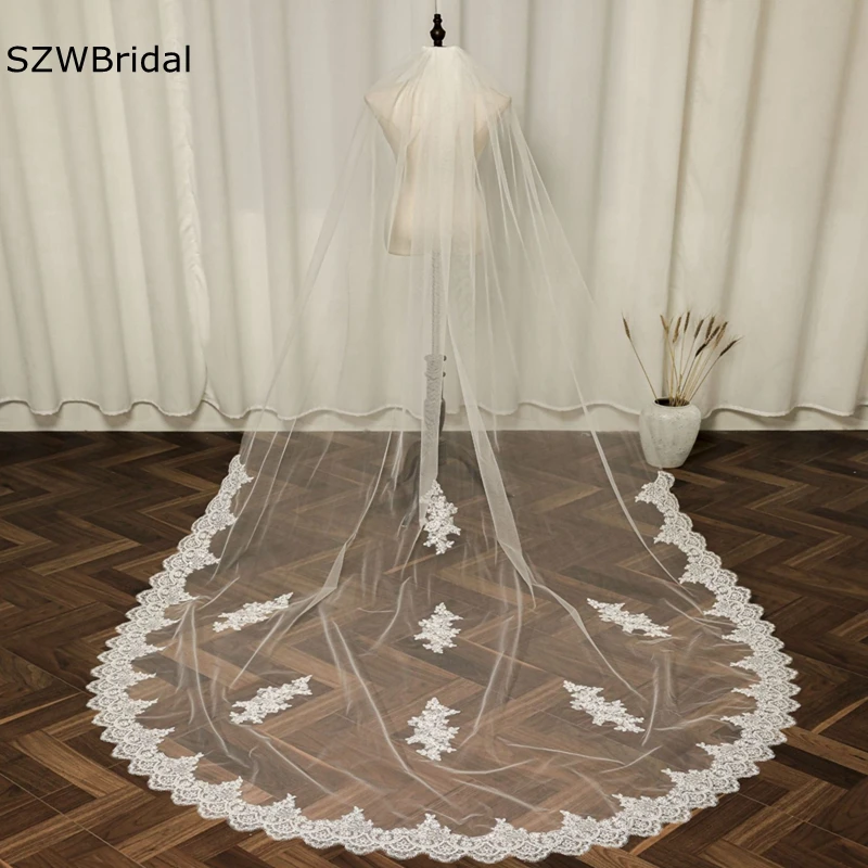 New Arrival 3M White Ivory Wedding veils Lace Appliques Cheap wedding accessories Bride Velos de novia Boda Bridal veil