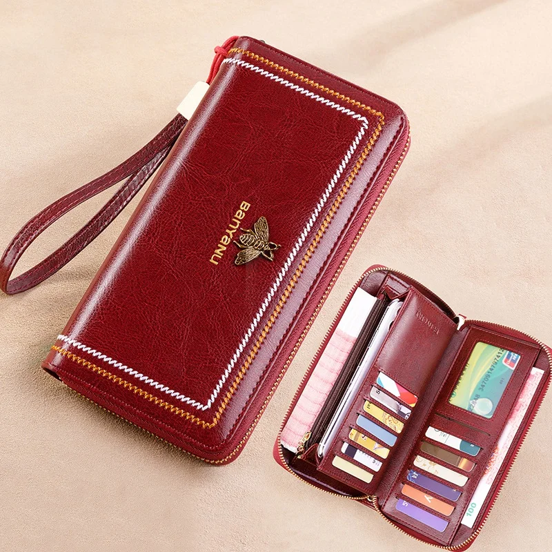 Fashion New Genuine Leather Wallet Woman Long Phone Clutch Purse Large Capacity Multi Credit Card Holder Mondy Clip