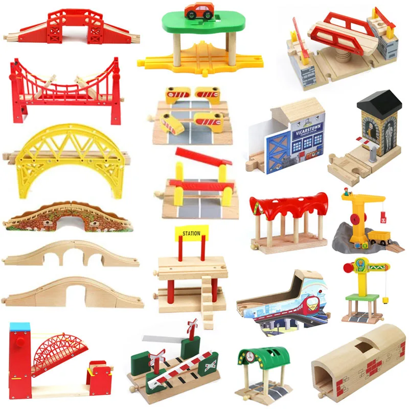 Wooden Tracks Bridge Railway Track Accessories Train Station Tunnel Crane Fit All Brands Wood Track Educational Toys for Kids