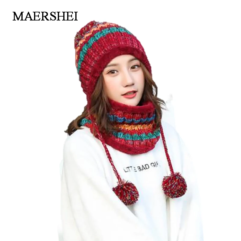 MAERSHEI 2020 winter hat female knit plus velvet thickening wild hair ball cap collar set Korean version of the warm contrast co