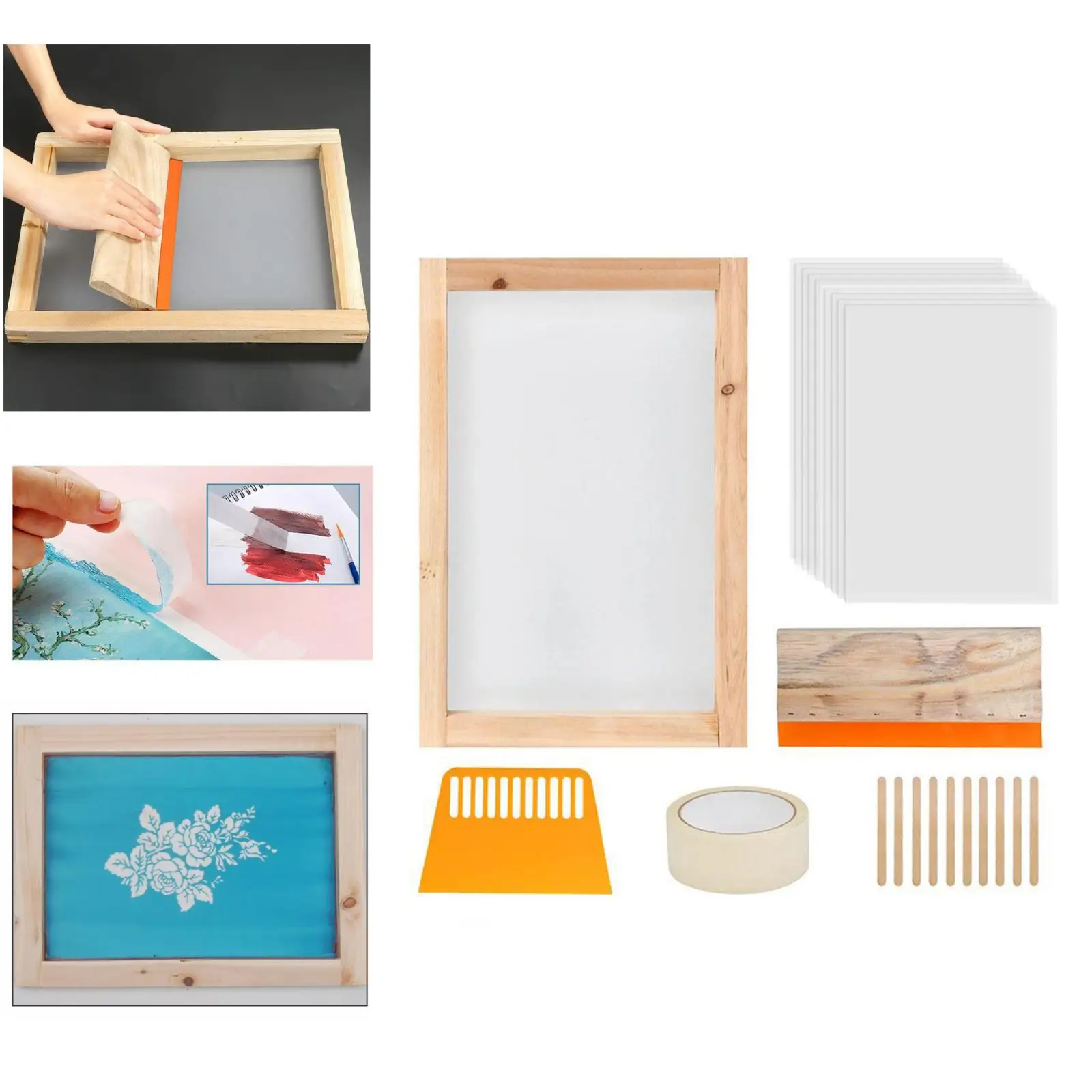 Screen Printing Starter Kit/Wood Silk Screen Printing Frame/Screen Printing Squeegees/Inkjet Transparency Film and Mask Tape