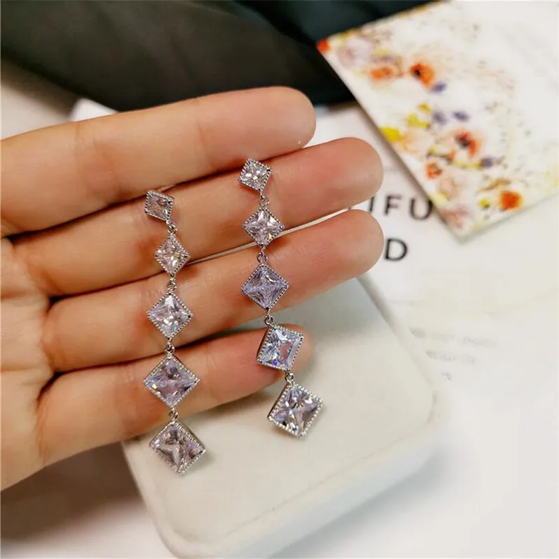 Long Tassels Earring Luxury Jewelry 925 Sterling Silver Princess Cut White Clear 5A Cubic Zircon Party Women Dangle Earring Gift