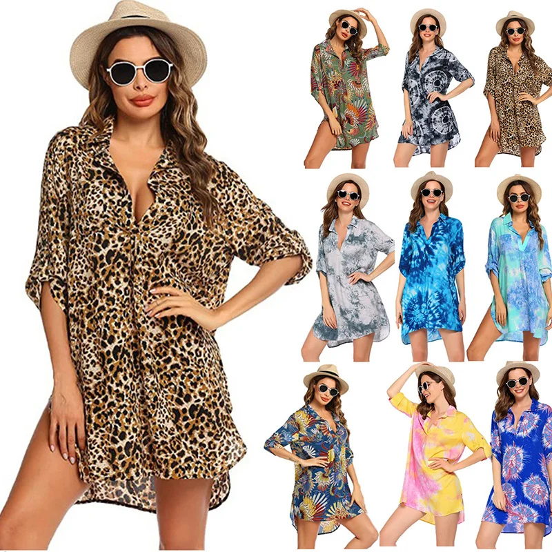 New Beach Cover Up Print Bikini Cover Up Women Beach Shirt Summer Beach Dress Ladies Tunic Plus Size Swimsuit Cover Up Beachwear