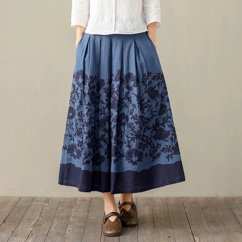 TIYIHAILEY Free Shipping 2020 New Vintage Long Maxi A-line Skirts Women Elastic Waist Spring Summer Linen Blue Print Skirts