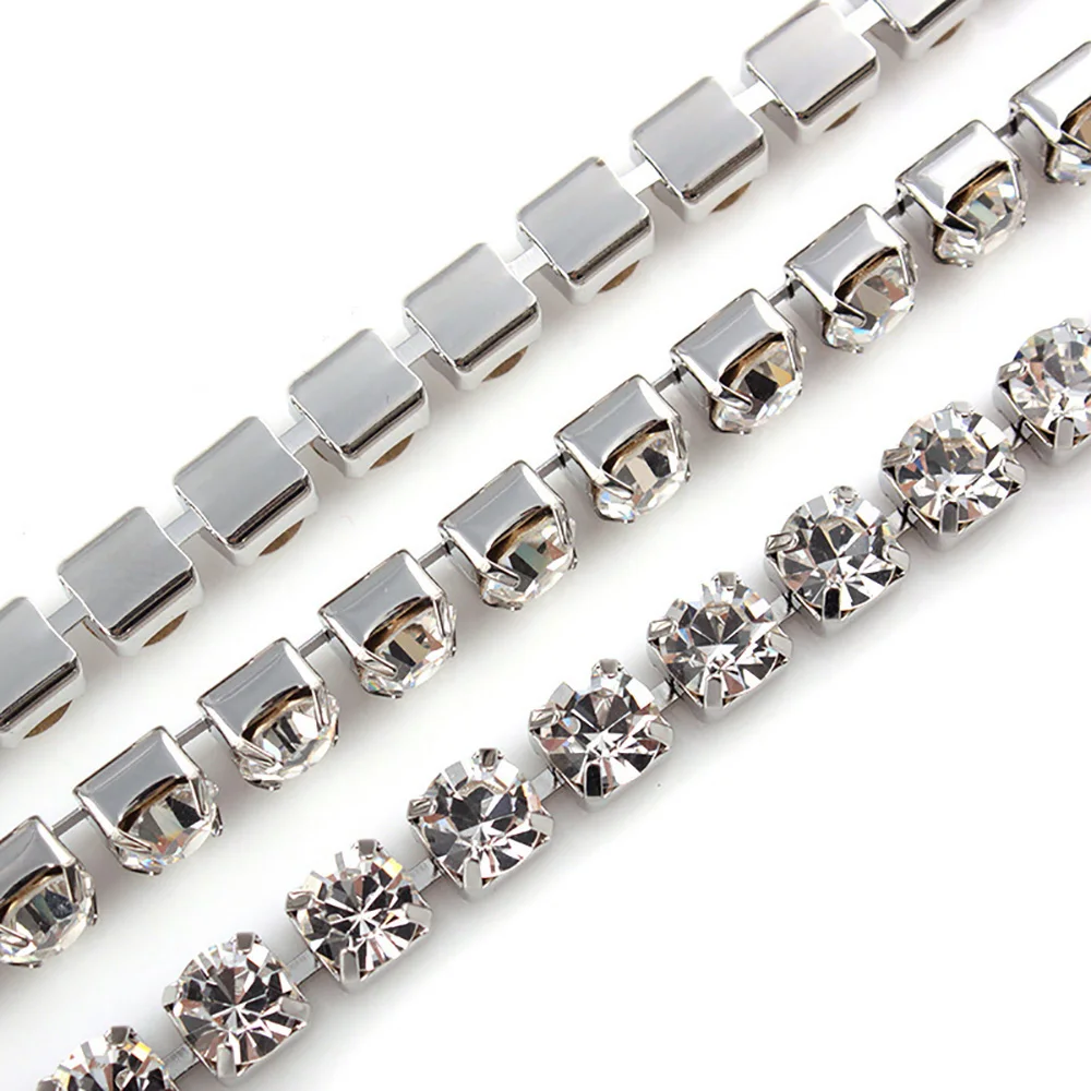 1 Meter Rhinestones Chain Silver Base Shine Crystals Stones Strass Trim Sewing Rhinestones for Needlework Cothing Gems Crafts