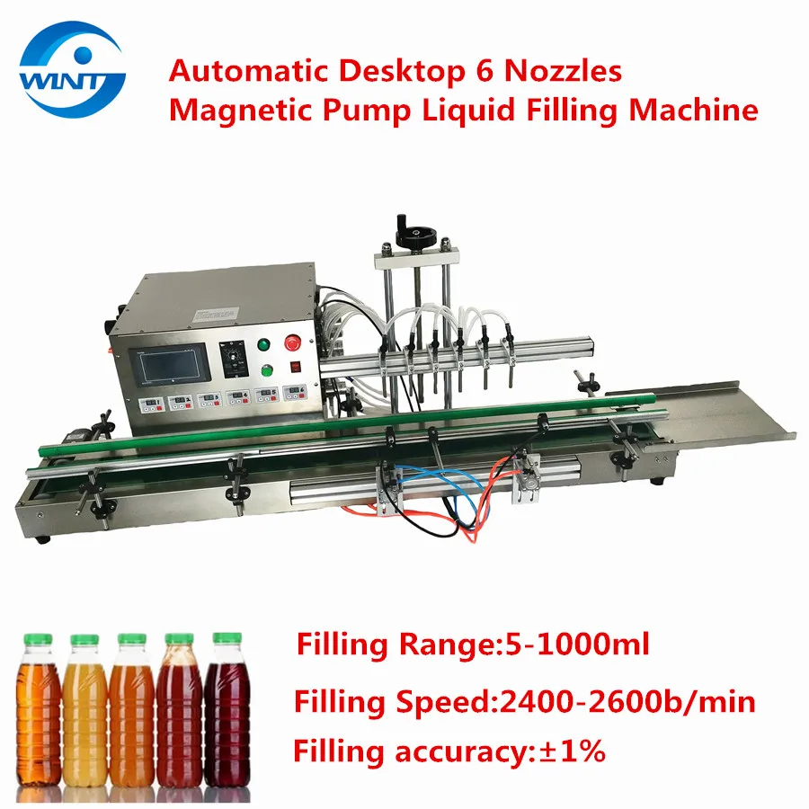 Automatic Desktop 6 Nozzles Liquid Filling Machine Magnetic Pump Linear Filler for Eye Drops Nail Polish Remover Milk Juice