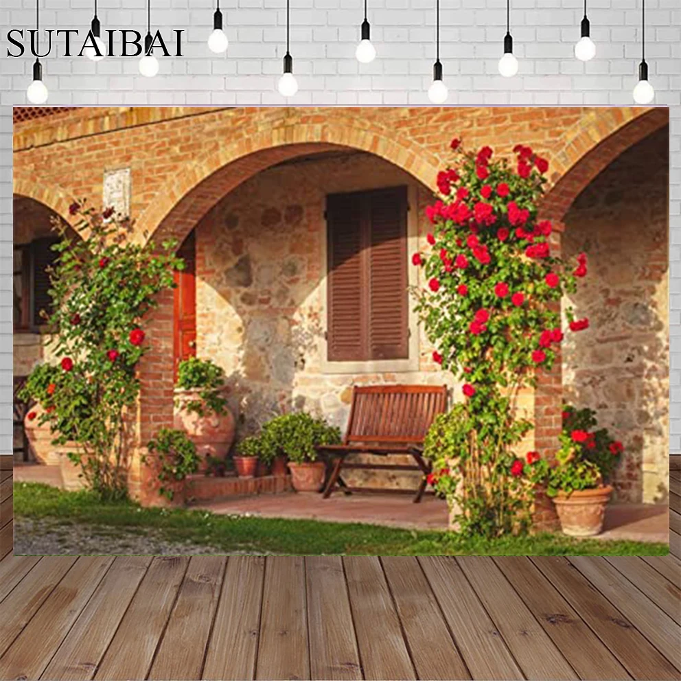 

Gorgeous Yard Scenic Vinyl Photography Background Afternoon Warm Sunshine Arch Brick Wall Backdrop Spring Scenic Party Banner