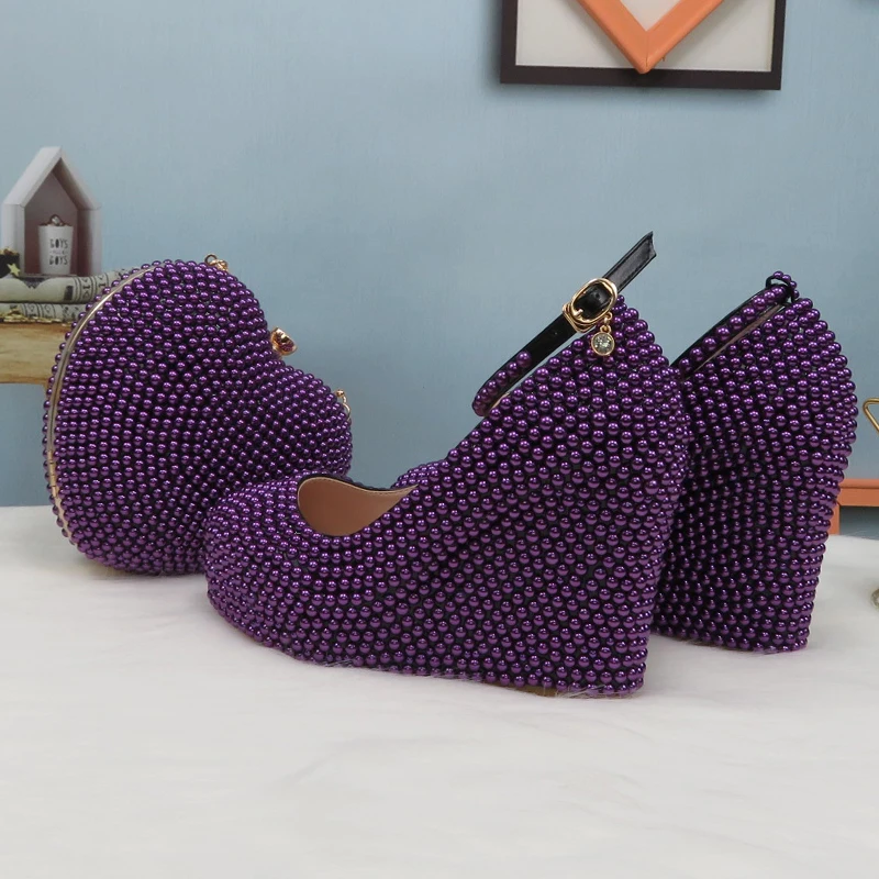 

BaoYaFang Aubergine Purple Pearl Ankle Strap Wedding shoes Bride platform shoes Wedges Woman High Heel Pumps Buckle Round Toe