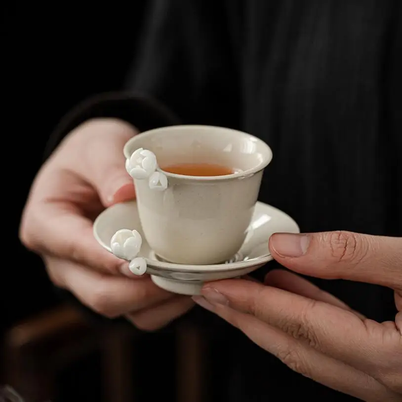 PINNY Retro Plant Ash Glaze Teacup Saucers Traditional Chinese Kung Fu Tea Accessories Hand Made Plum Blossom Cup Pads