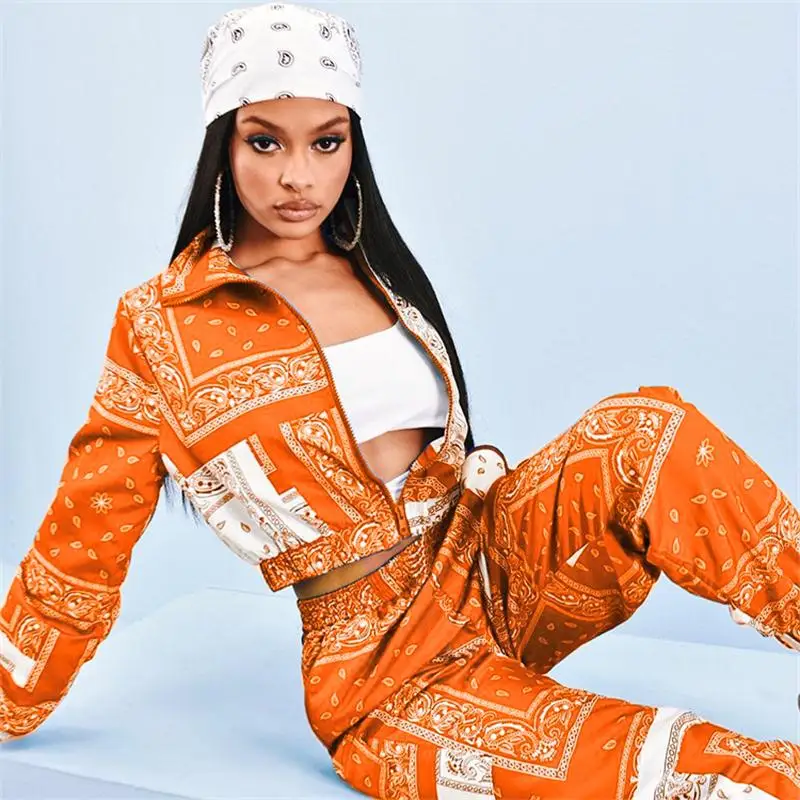 Bandana Print Two Piece Set Causal Paisley Print Long Sleeve Zippers Short Jacket Tops Jogger Pants Suit Outfit Street Tracksuit