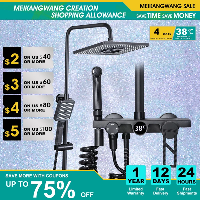 

Black Thermostatic Digital Display Shower Faucet Set Rain Shower Faucet Bathtub Crane Faucet with Starry Sky Hand and Top Spray