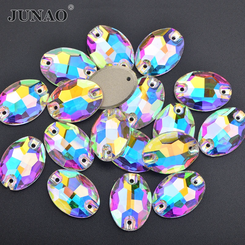 JUNAO 10x14mm 17x24mm Sewing Big Oval Crystal AB K9 Glass Rhinestones Applique Sewn On Strass Flat Back Stone for Clothes Crafts