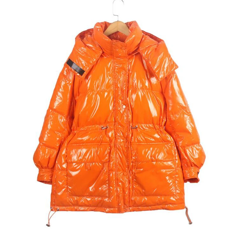 Winter Women's Mid-length Glossy Parka Thick Waterproof Removable Hooded Parka Women Candy Color White Duck Down Jacket