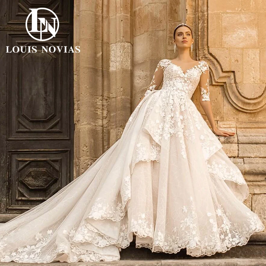 

LOUIS NOVIAS A-Line Wedding Dresses For Women Sexy Half Sleeve Sweetheart Bridal Gown Ruched Embroidery Lace Vestidos De Novia